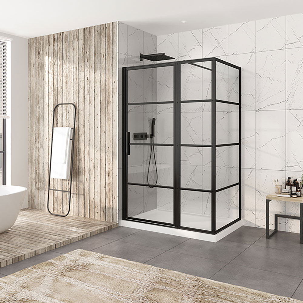 Porte de douche 54" x 32", en coin rectangulaire décalée, mur à gauche, en noir mat