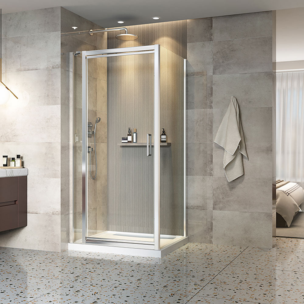 Porte de douche 106,7 cm x 81,3 cm, en coin rectangulaire avec porte décalée, mur à gauche, en chrome