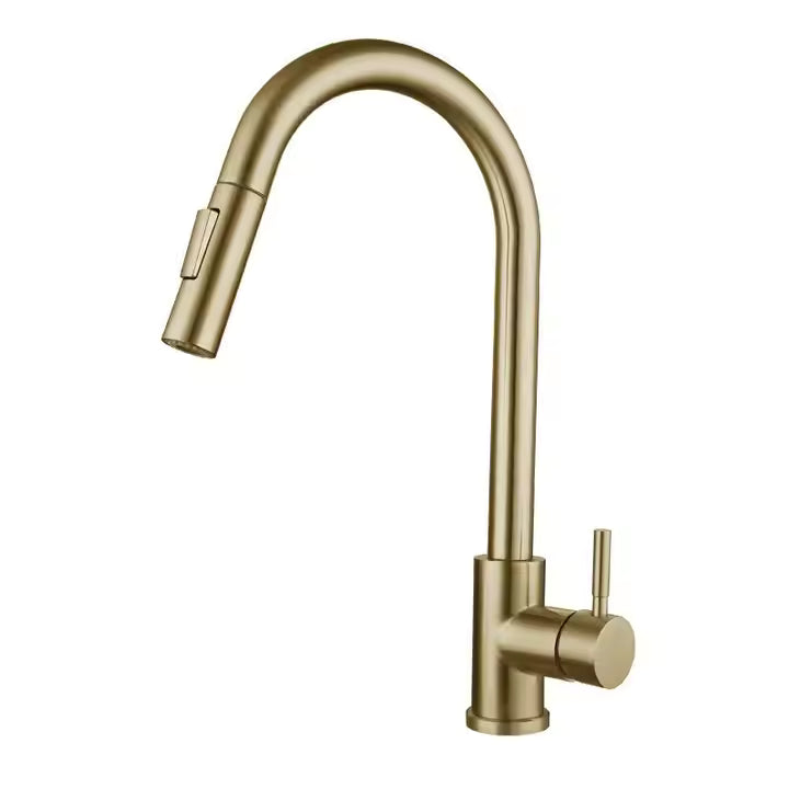 Modern Luxury Brushed Gold Kitchen Faucet, 2 Function Pull Out